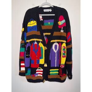 1990s BellePointe Fashionista Shopping Maximalist Art To Wear Scenic Cardigan L